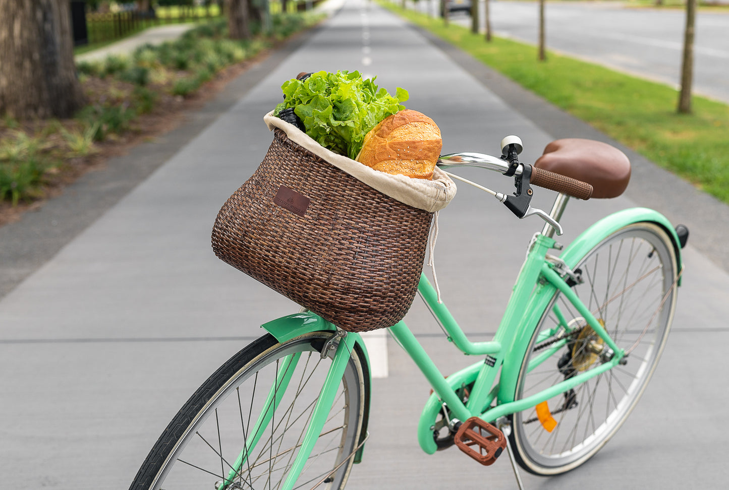 Bike Basket Front on a green bike on the bike path