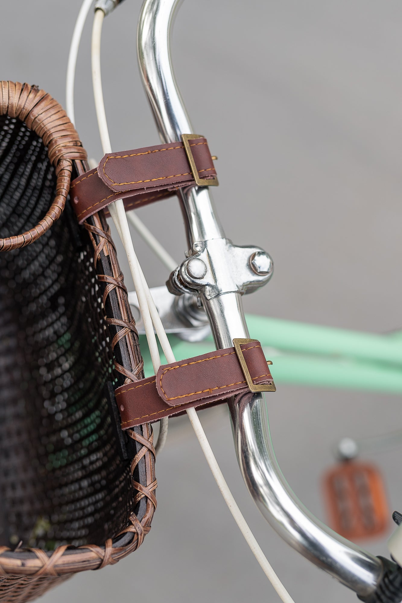Close up of the bicycle baskets vegan leather straps